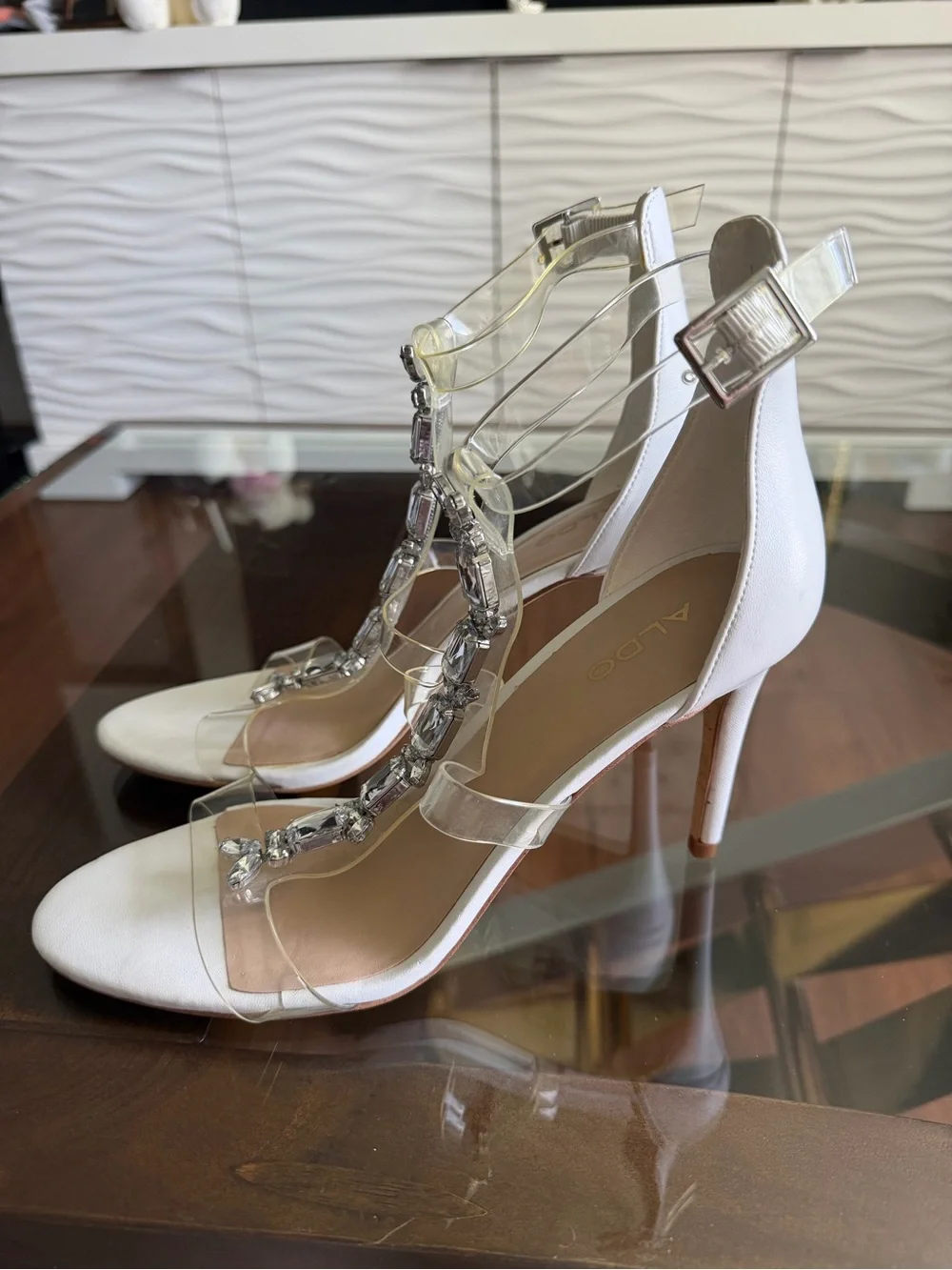 Aldo White Heeled Sandals with Clear T-Straps and Crystal Embellishments